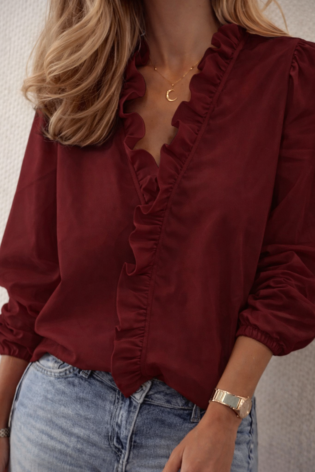 Ruffle Trim Long Sleeve Blouse