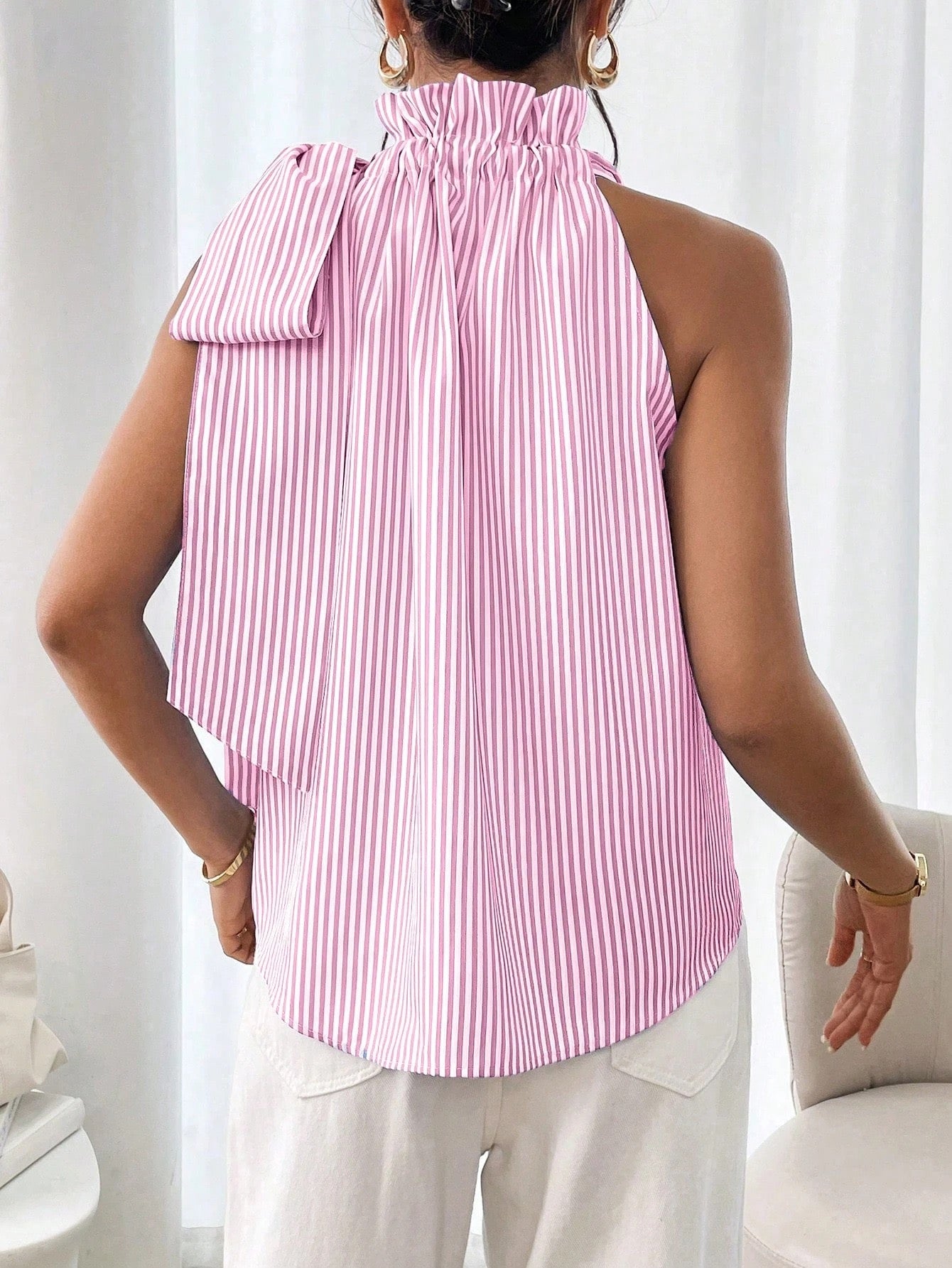 Striped Sleeveless Blouse with Statement Bow Detail