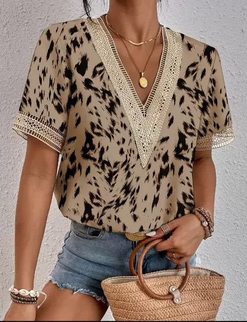 Elegant lace detail V-Neck Blouse
