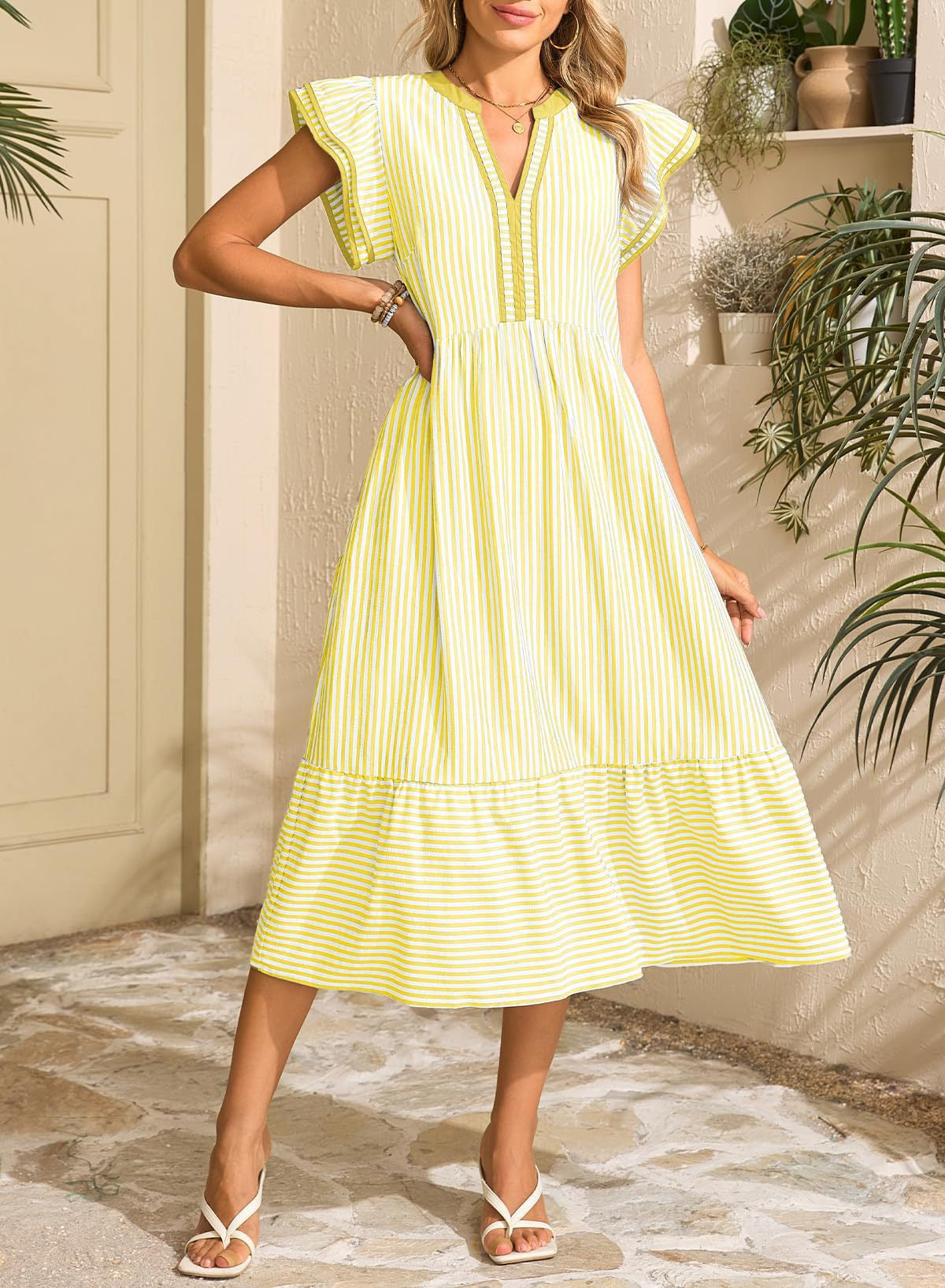 Striped Midi Dress with Flutter Sleeves