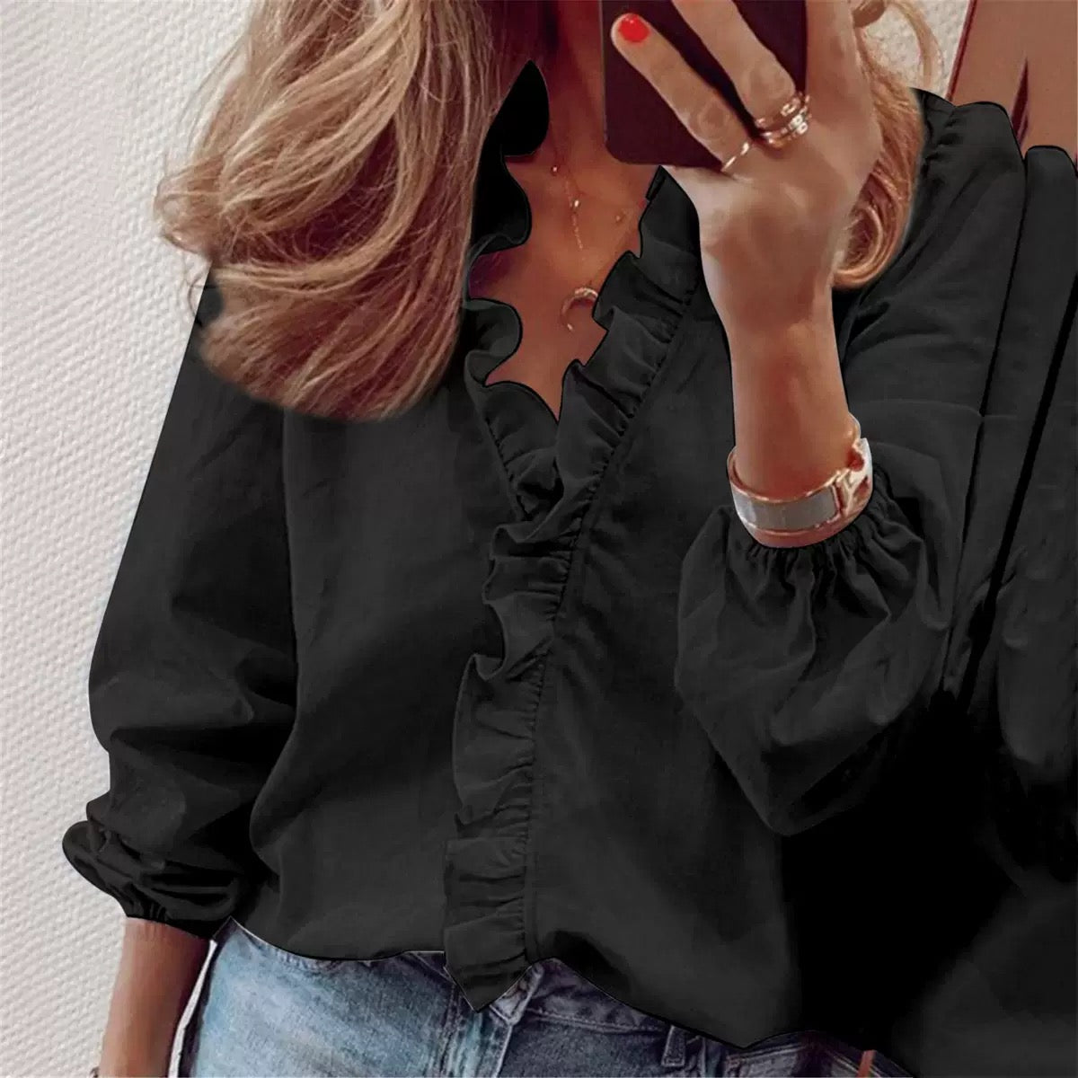 Ruffle Trim Long Sleeve Blouse