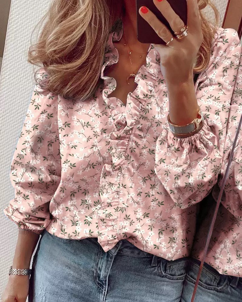Ruffle Trim Long Sleeve Blouse