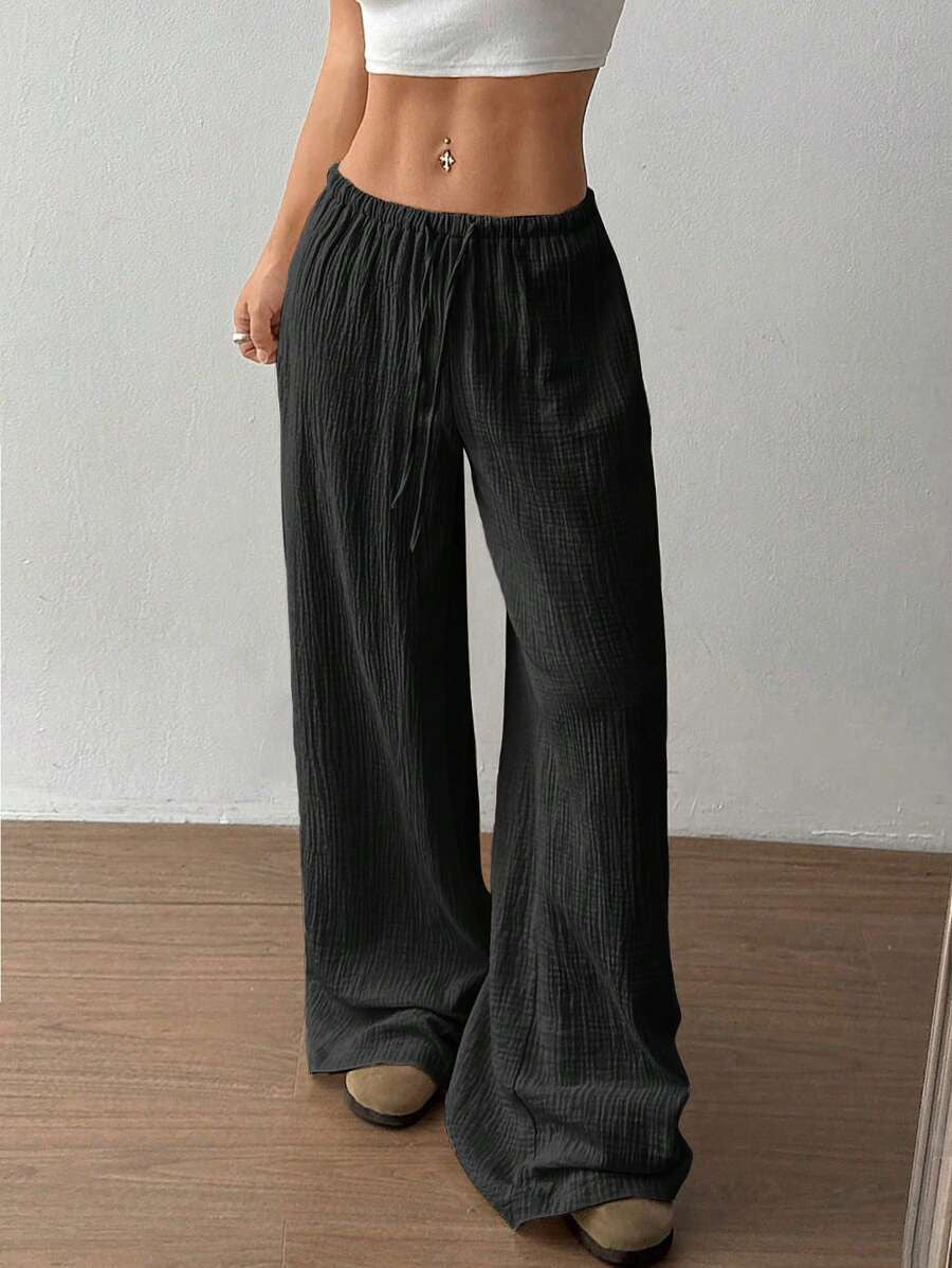 Textured Wide-Leg Drawstring Trousers