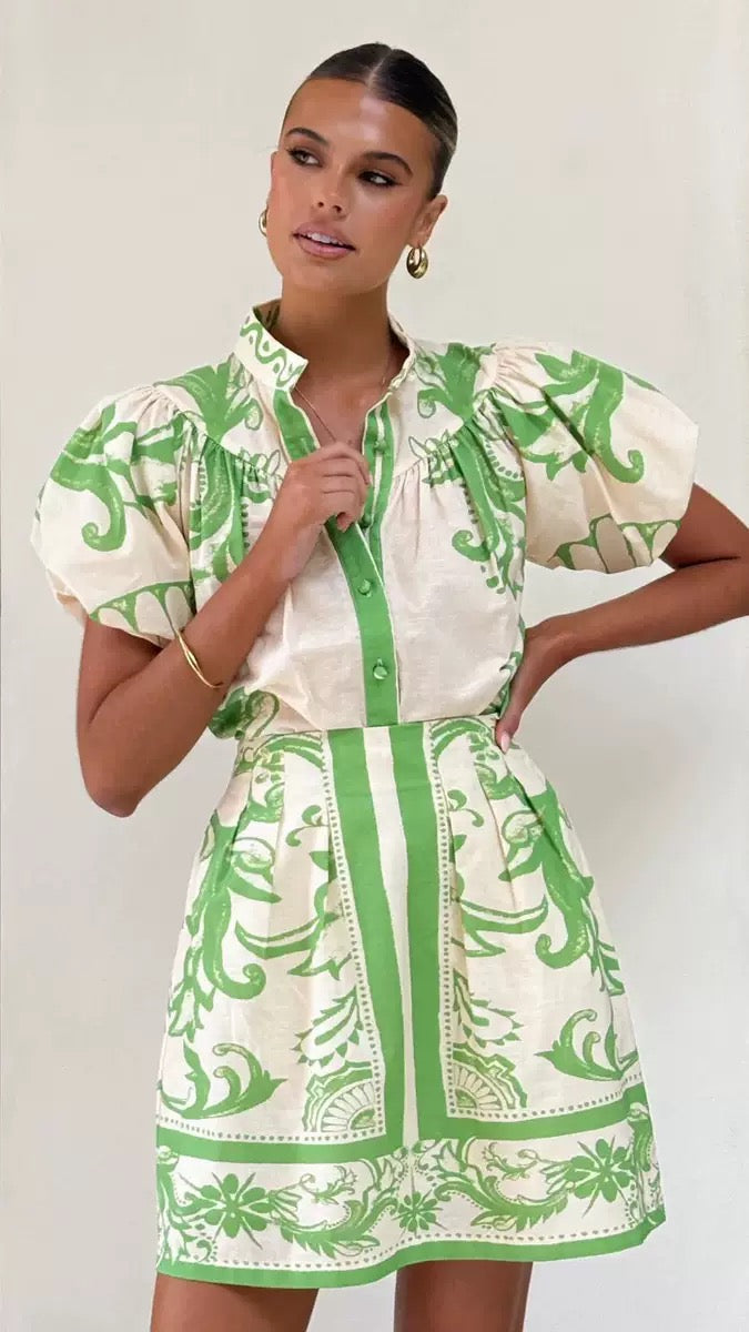Colorful Mini Dress with Puff Sleeves