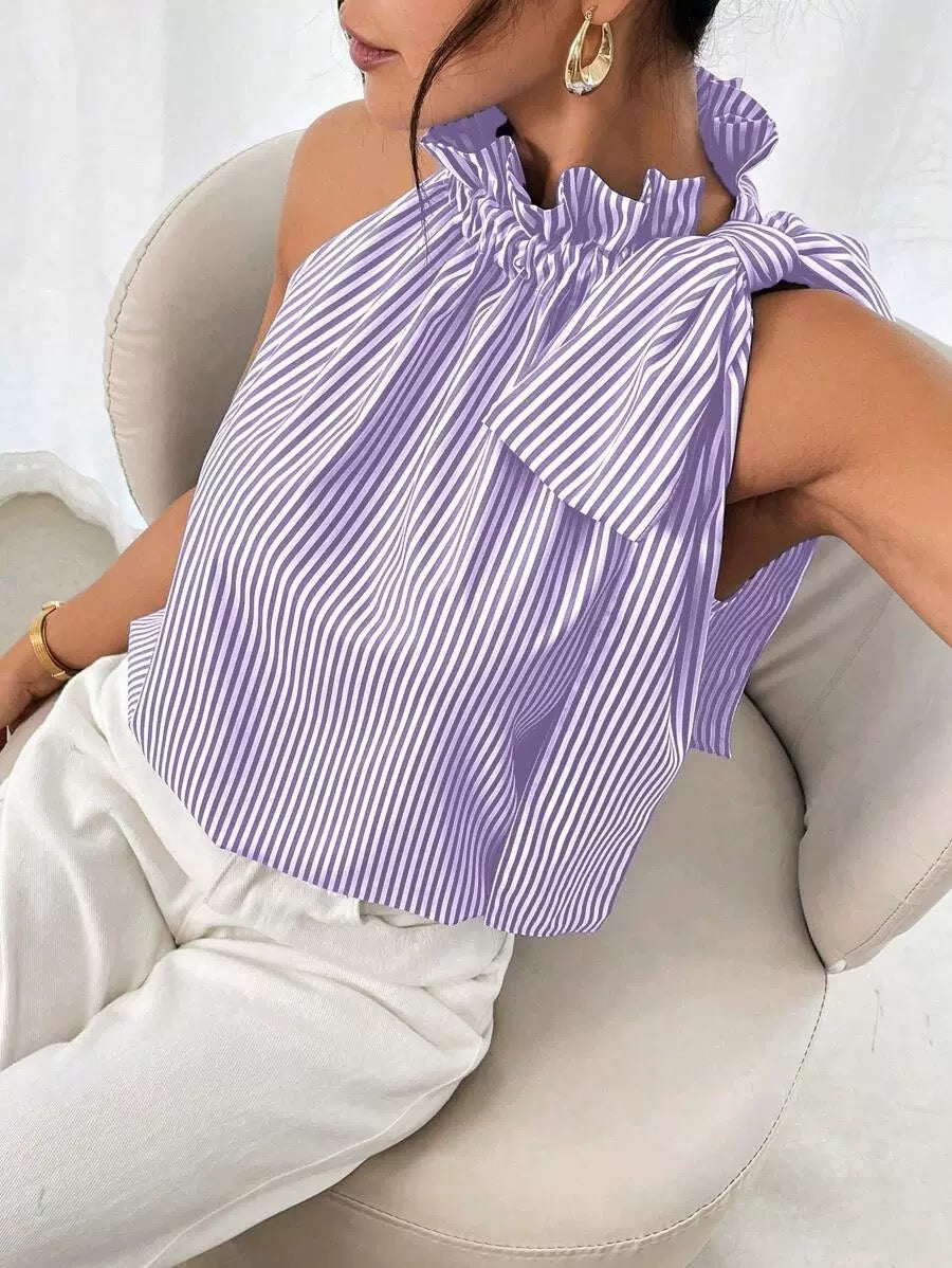 Striped Sleeveless Blouse with Statement Bow Detail