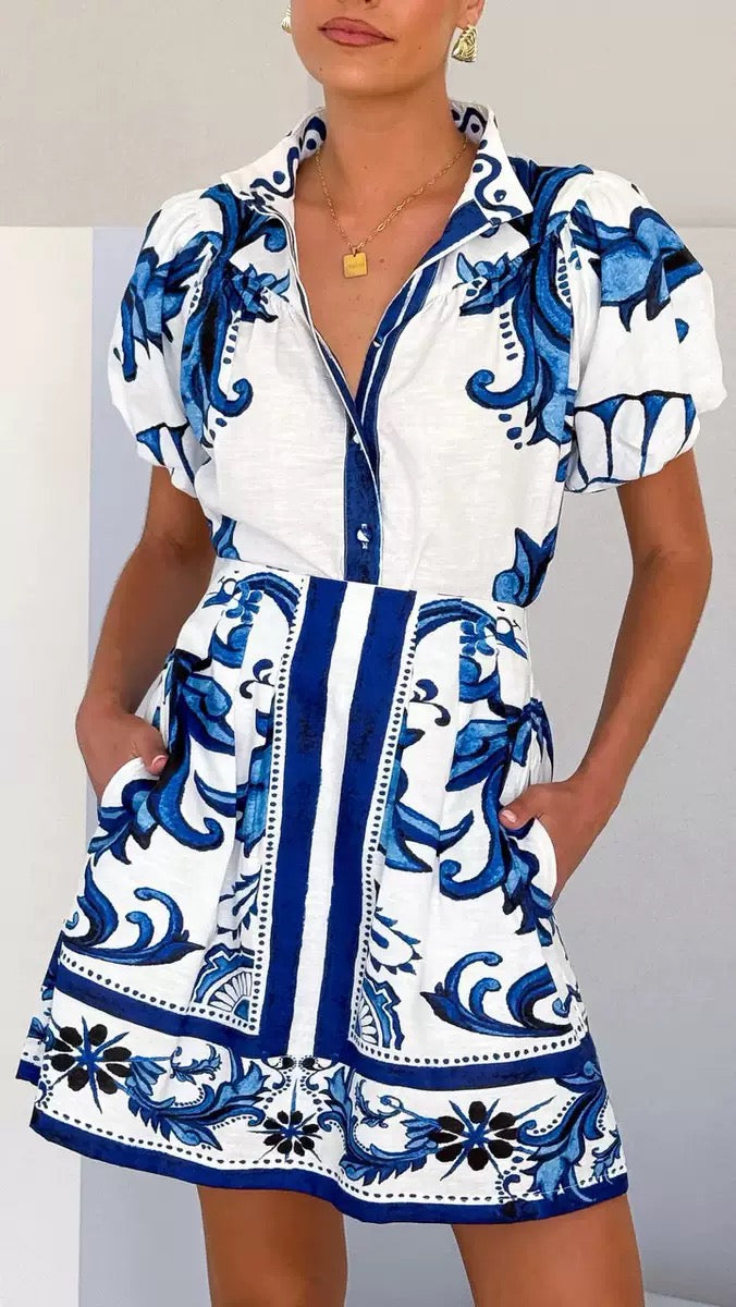 Colorful Mini Dress with Puff Sleeves