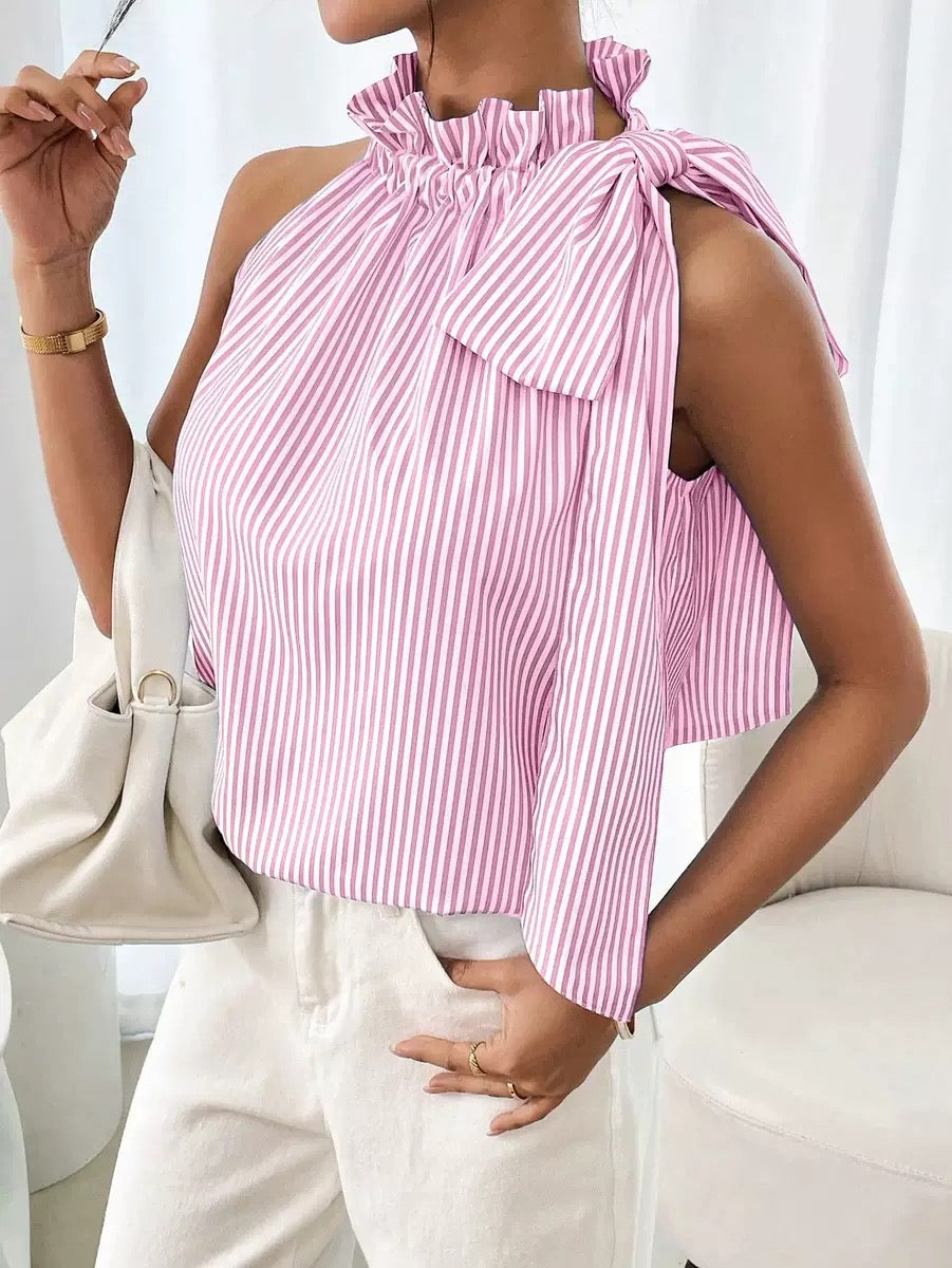 Striped Sleeveless Blouse with Statement Bow Detail