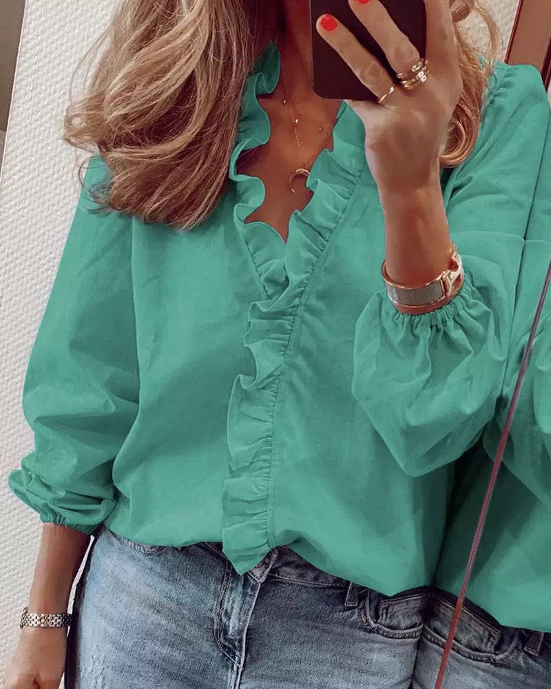 Ruffle Trim Long Sleeve Blouse