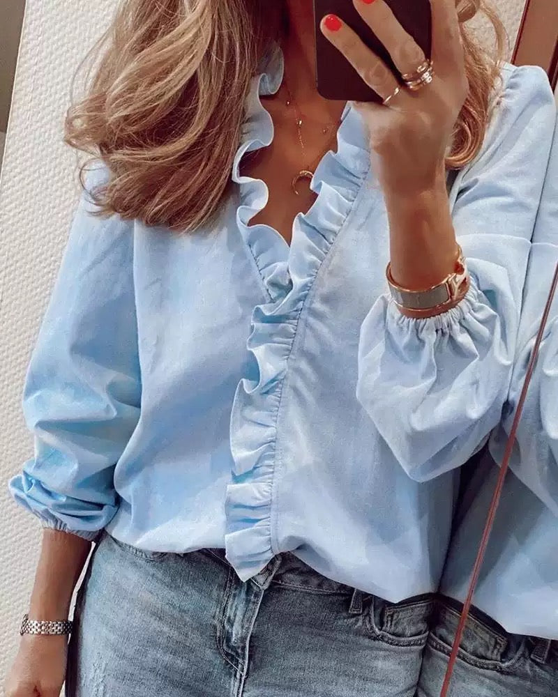 Ruffle Trim Long Sleeve Blouse