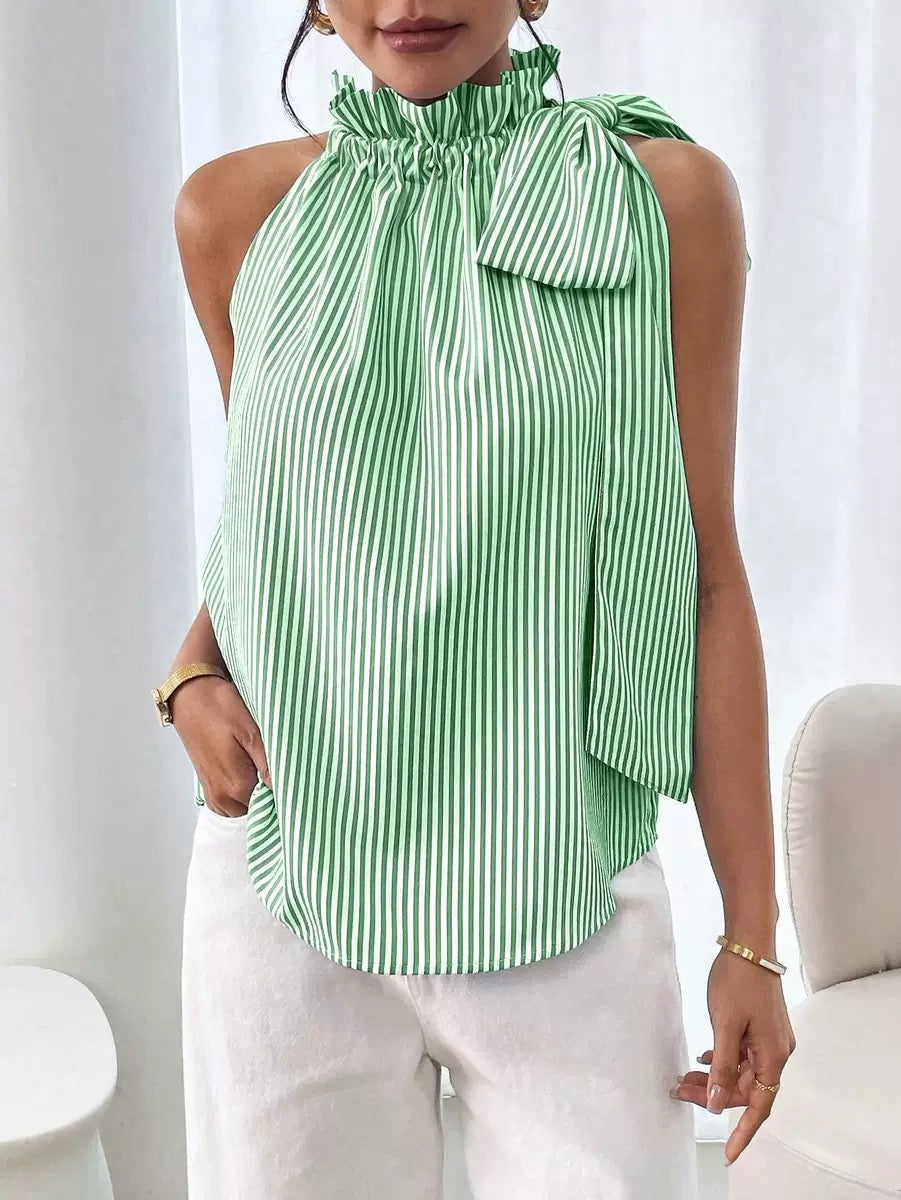 Striped Sleeveless Blouse with Statement Bow Detail