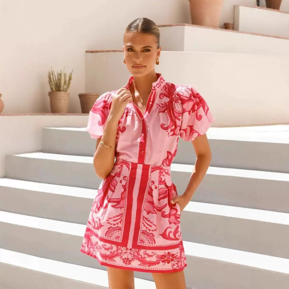 Colorful Mini Dress with Puff Sleeves