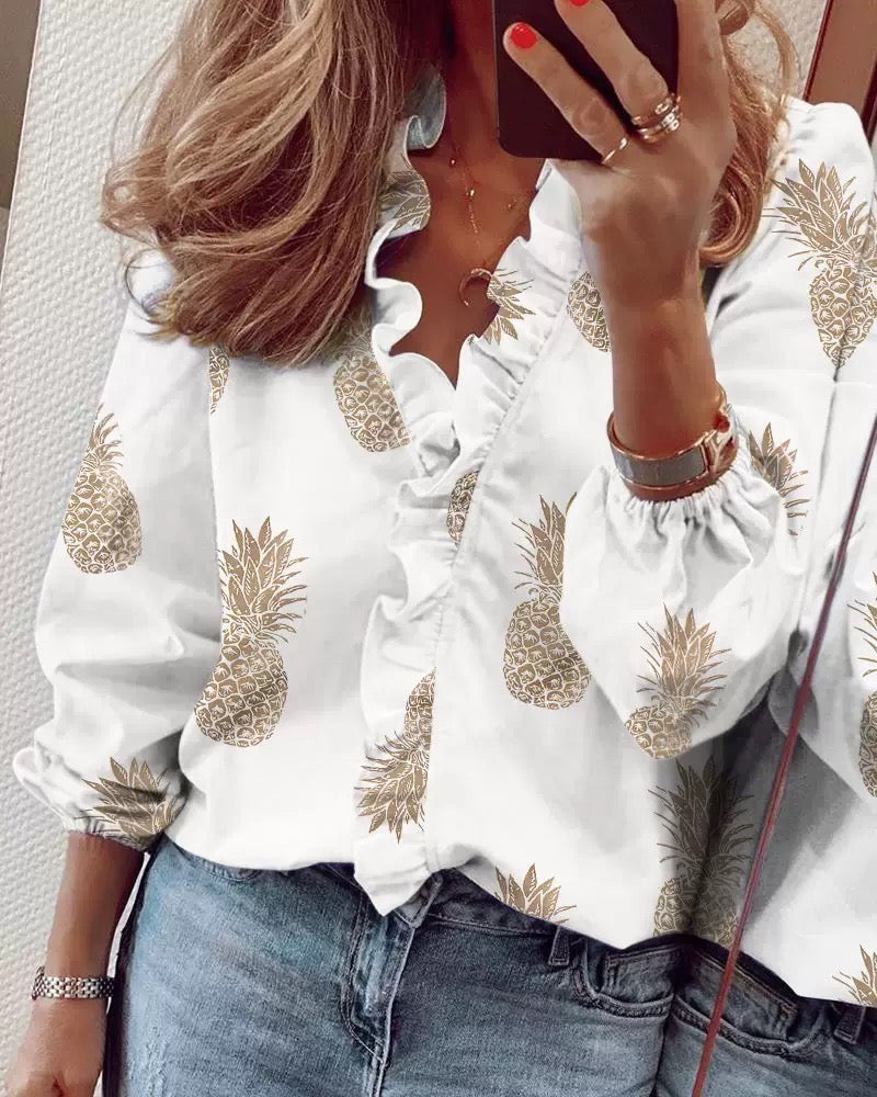 Ruffle Trim Long Sleeve Blouse