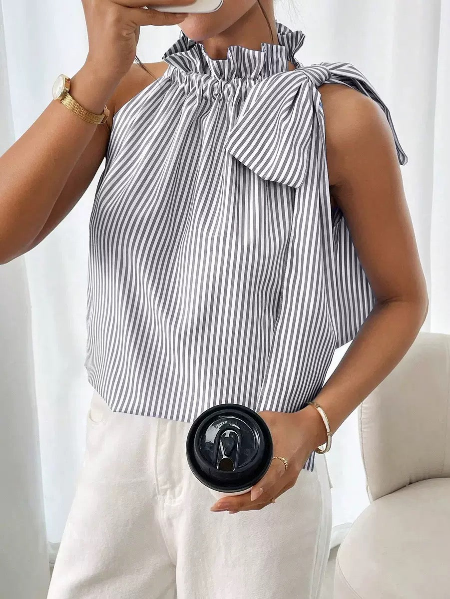 Striped Sleeveless Blouse with Statement Bow Detail