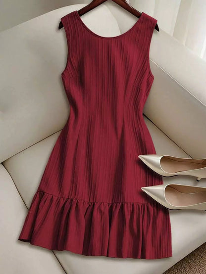 Pleated Sleeveless Mini Dress with Ruffle Hem