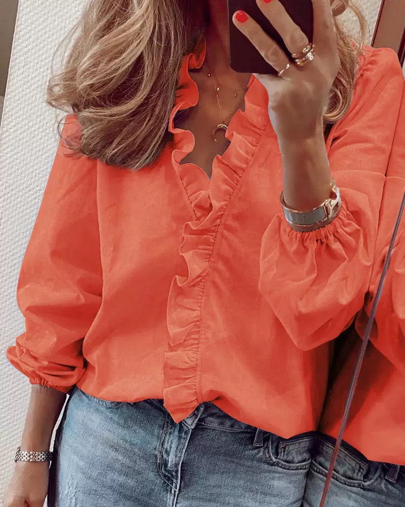 Ruffle Trim Long Sleeve Blouse