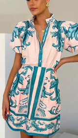 Colorful Mini Dress with Puff Sleeves