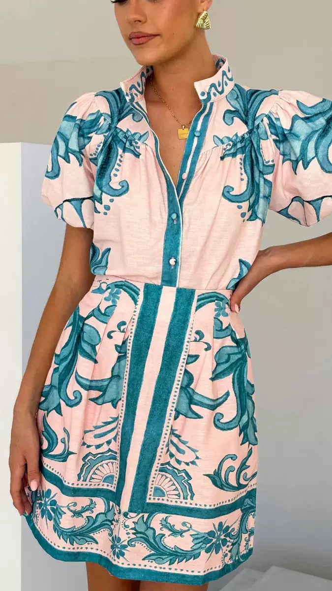 Colorful Mini Dress with Puff Sleeves