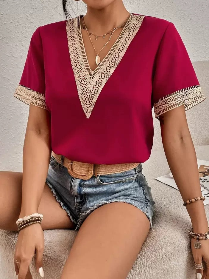Elegant lace detail V-Neck Blouse