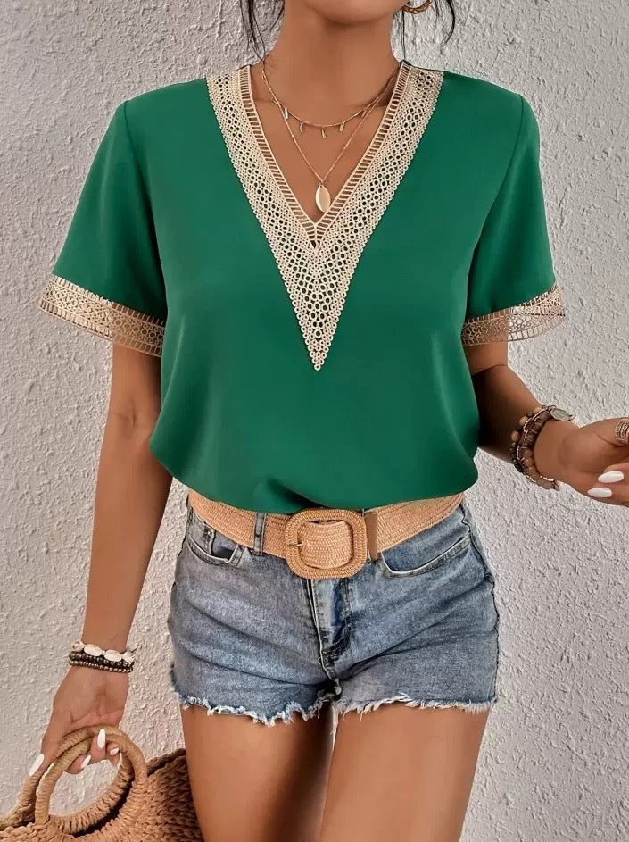 Elegant lace detail V-Neck Blouse