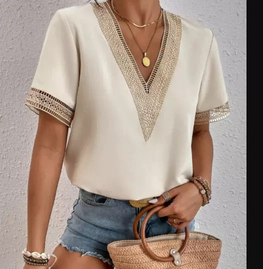 Elegant lace detail V-Neck Blouse