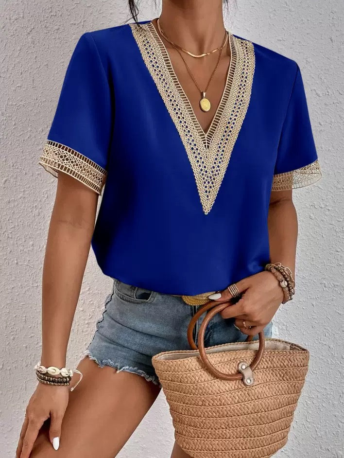 Elegant lace detail V-Neck Blouse