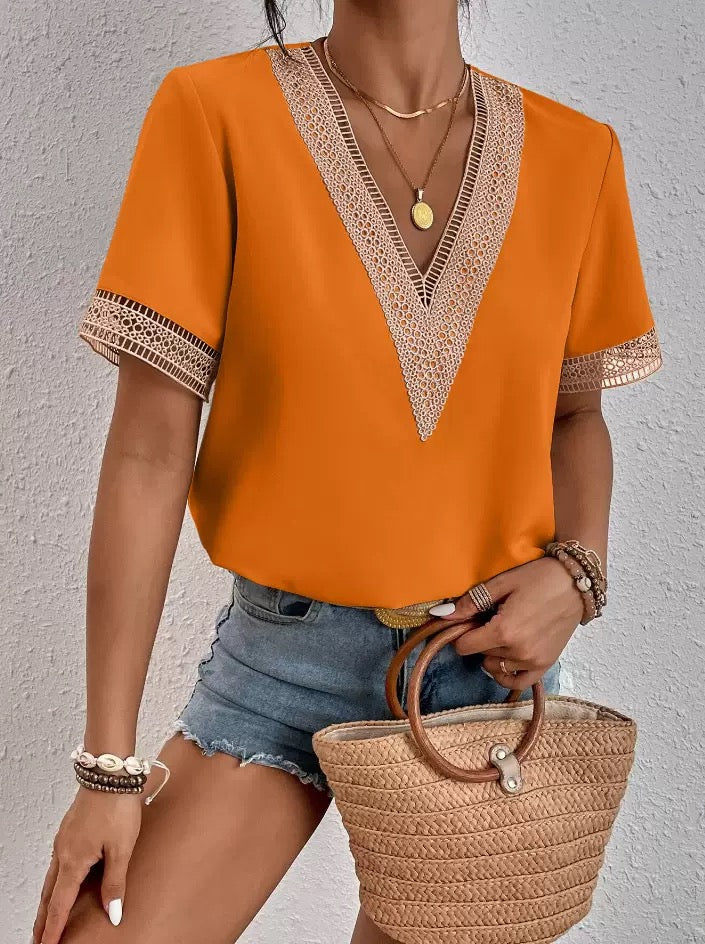 Elegant lace detail V-Neck Blouse