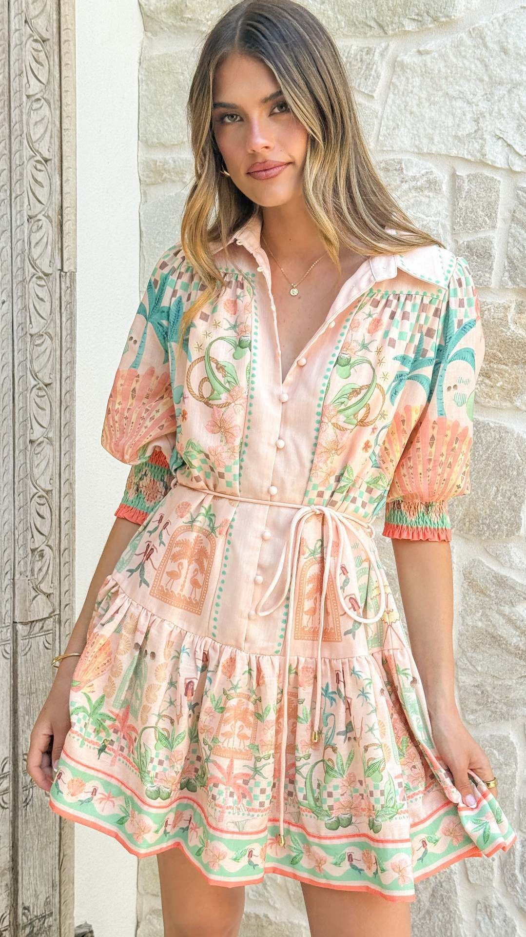 Printed Tie-Waist Mini Dress