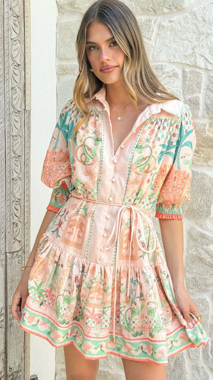 Printed Tie-Waist Mini Dress
