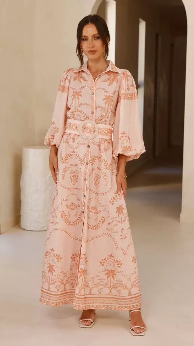 Ornate Belted Maxi Shirt Dress