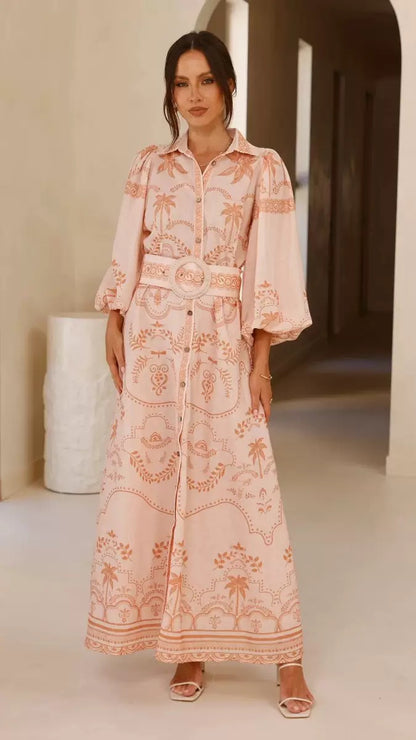 Ornate Belted Maxi Shirt Dress