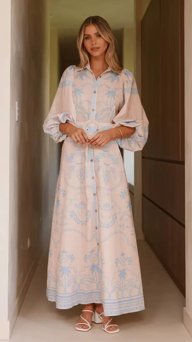 Ornate Belted Maxi Shirt Dress