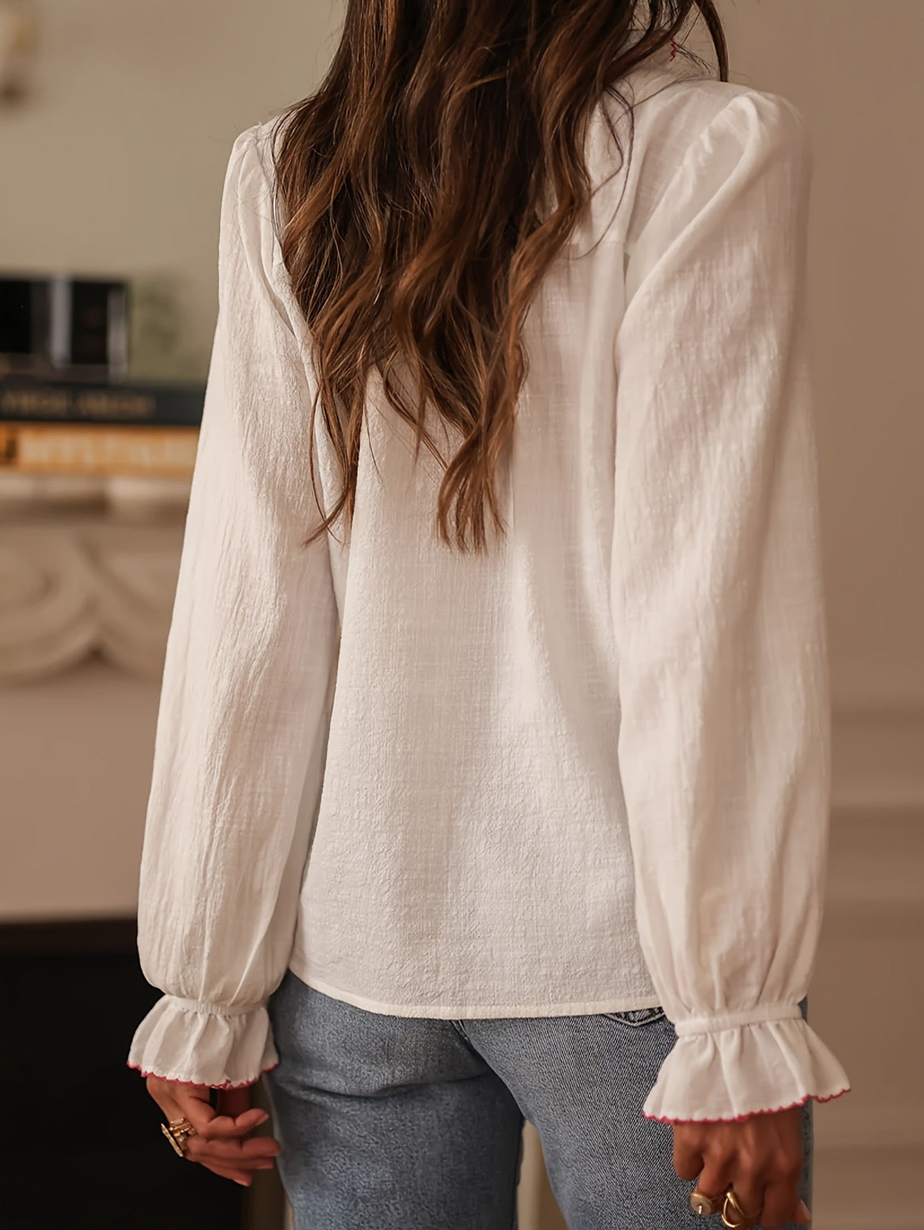 Embroidered Ruffle Collar Blouse