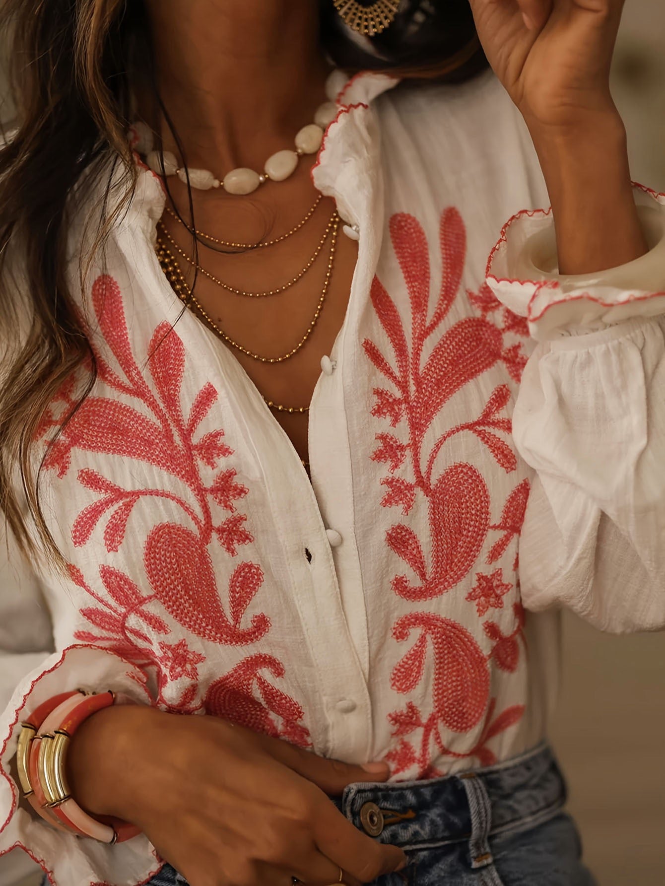 Embroidered Ruffle Collar Blouse
