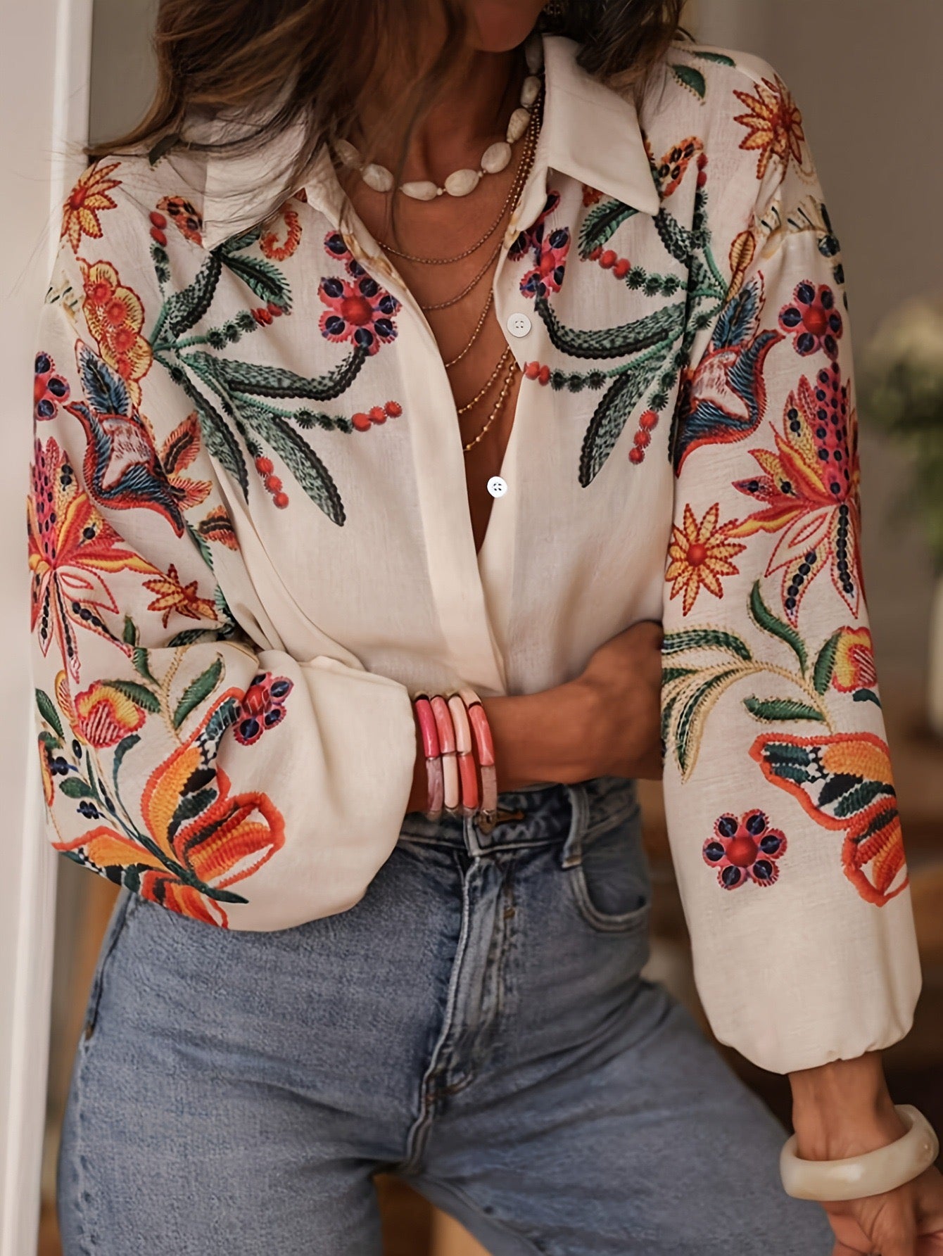 Botanical Print Long Sleeve Blouse
