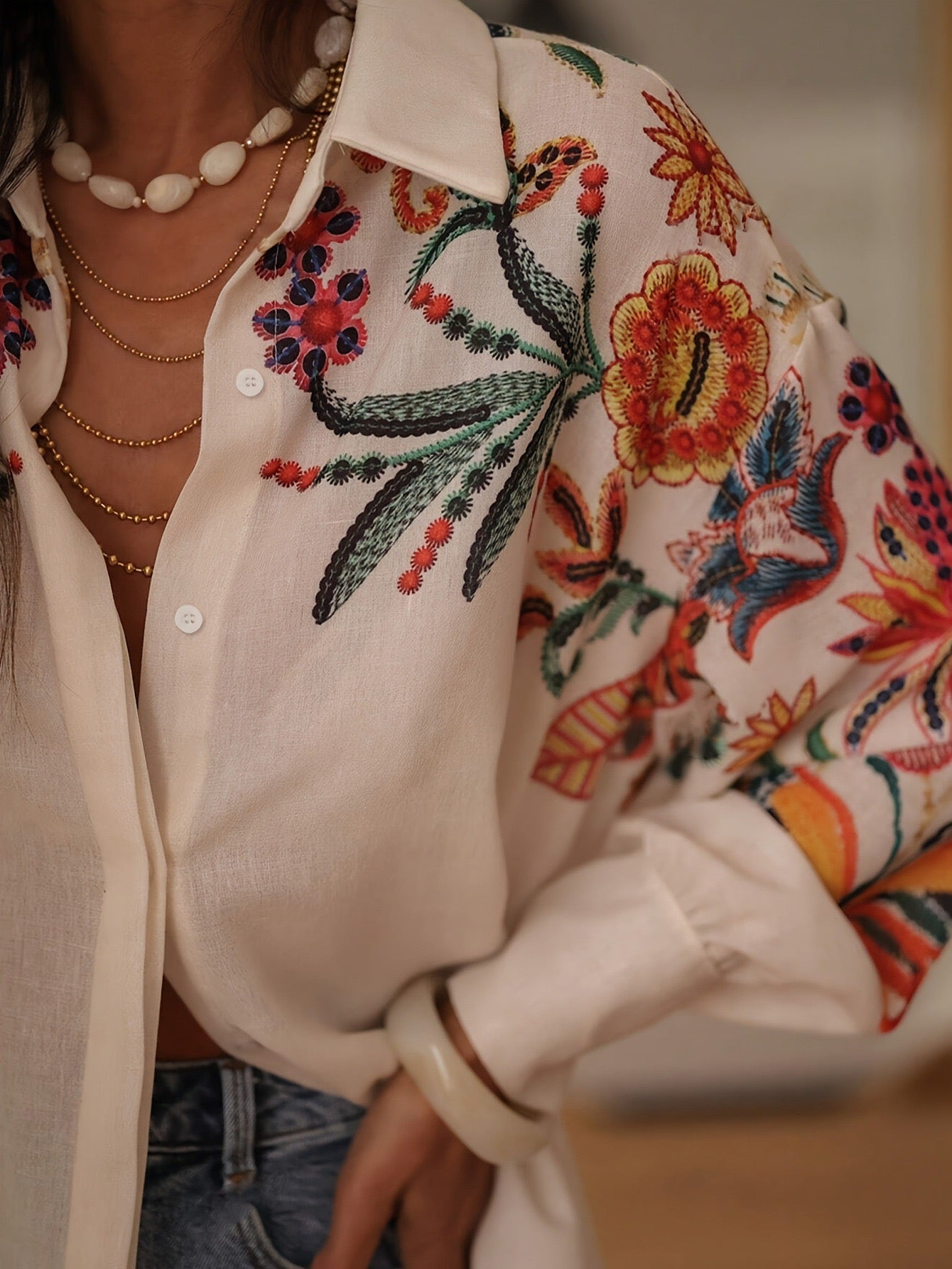Botanical Print Long Sleeve Blouse