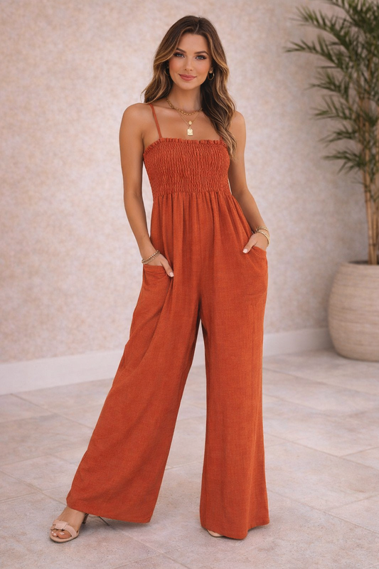 Smocked Wide-Leg Jumpsuit