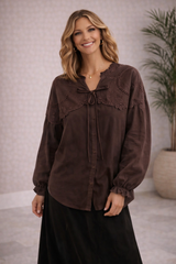 Lace Yoke Tie-Front Blouse