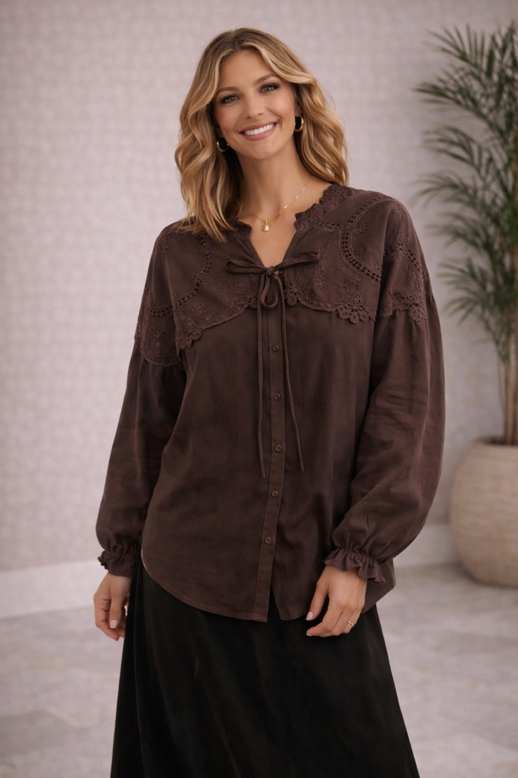Lace Yoke Tie-Front Blouse