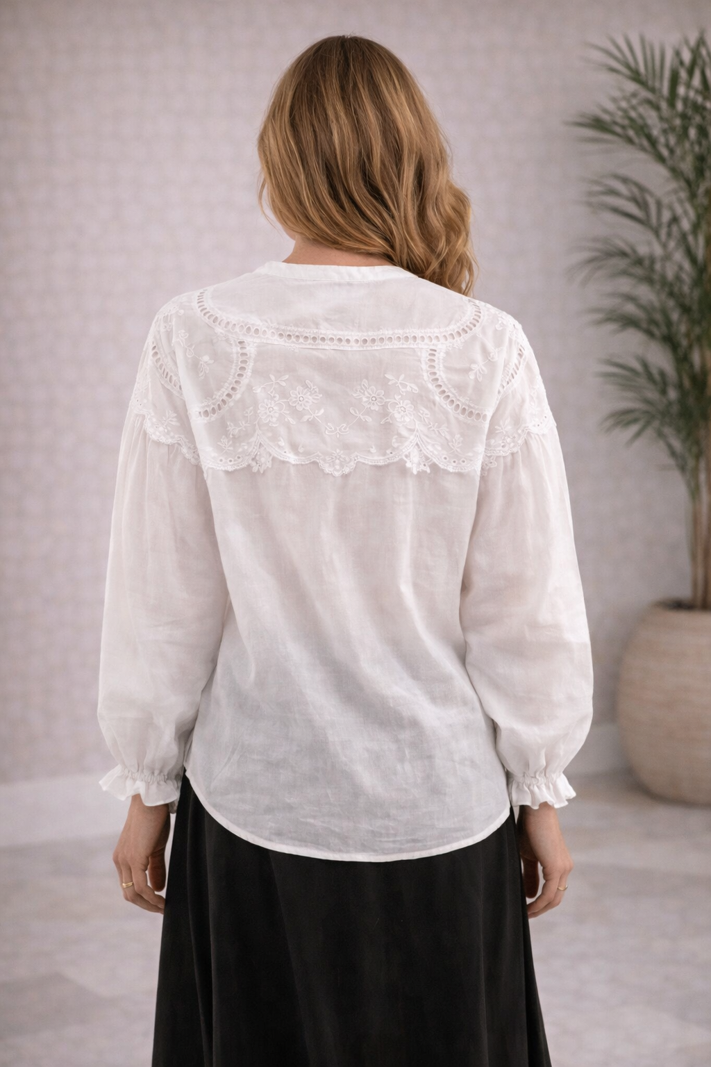 Lace Yoke Tie-Front Blouse