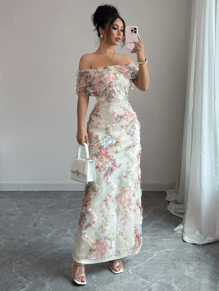 Off-Shoulder Floral Maxi Dress with Lace Detail