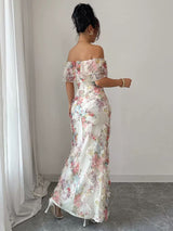 Off-Shoulder Floral Maxi Dress with Lace Detail
