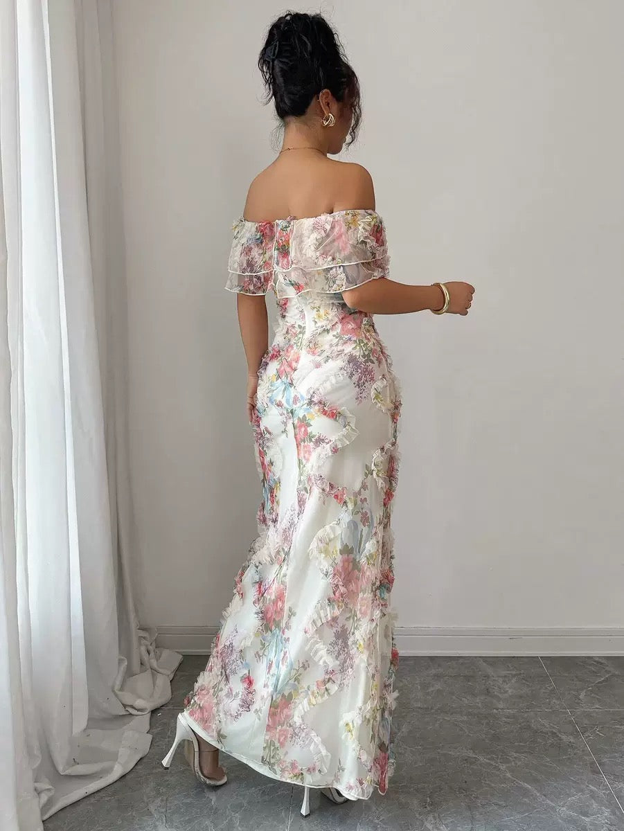 Off-Shoulder Floral Maxi Dress with Lace Detail