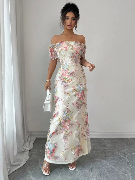 Off-Shoulder Floral Maxi Dress with Lace Detail