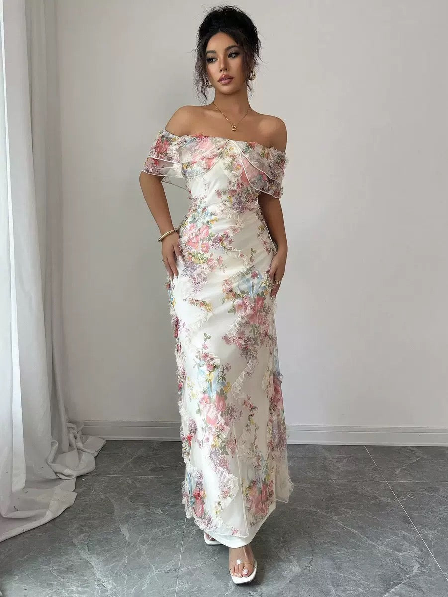 Off-Shoulder Floral Maxi Dress with Lace Detail