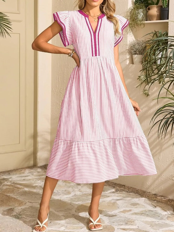 Striped Midi Dress with Flutter Sleeves
