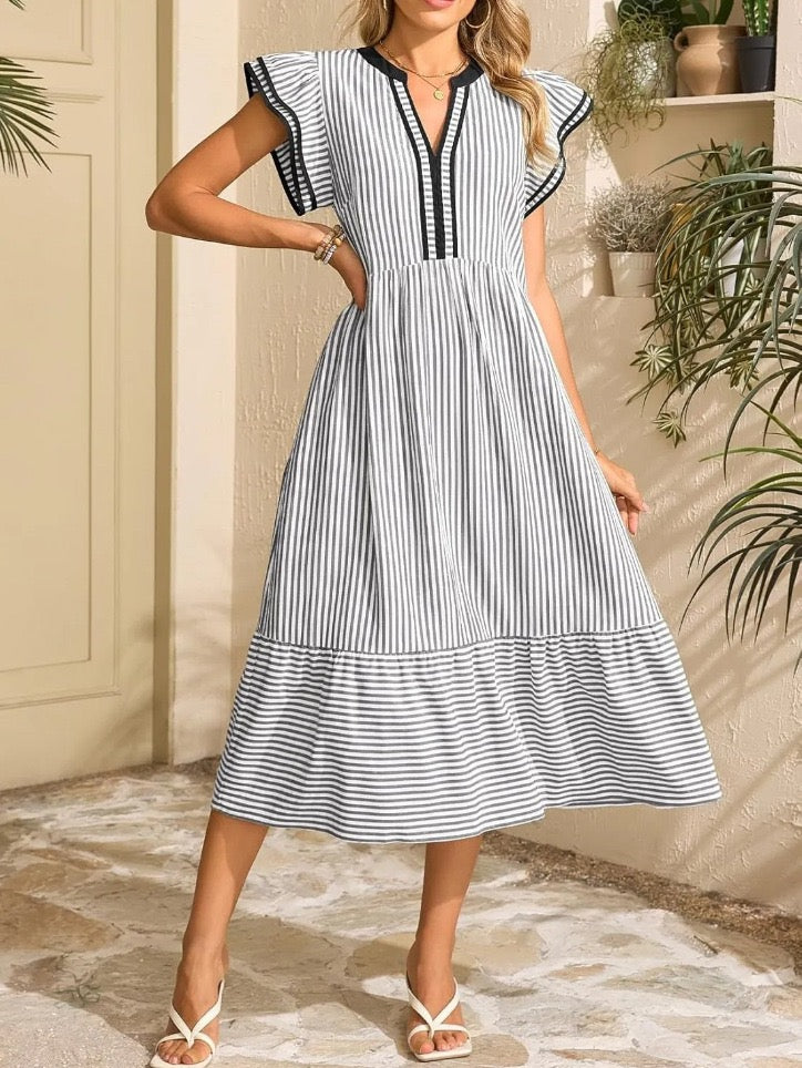 Striped Midi Dress with Flutter Sleeves